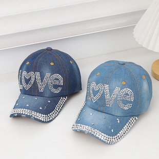 2023 Summer Women's New Love Dot Diamond Denim Frayed Baseball Cap Korean Style Casual Thin Sunshade Peaked Cap