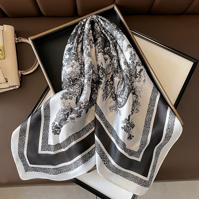 70% seda de imitación, camisa a juego para primavera y verano, pañuelo cuadrado pequeño en blanco y negro, pañuelo para el cuello para mujer, pañuelo fino, lujo accesible