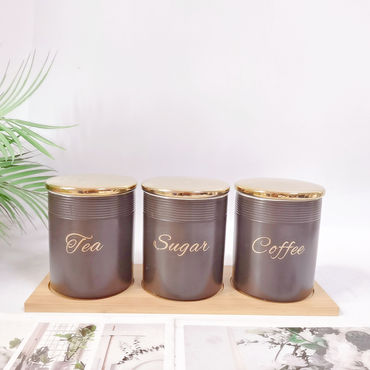 Comercio exterior transfronterizo Oriente Medio Exportar tarro sellado de cerámica con tapa de madera tarro de almacenamiento condimento de cocina tarro de té de café tarro