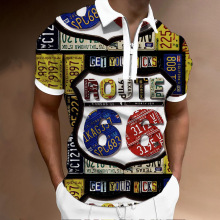 欧美新品美国66号公路3D印花男士潮流时尚透气套头POLO上衣短袖