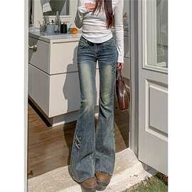 复古高腰微喇叭牛仔裤女修身弹力显瘦蝴蝶结马蹄