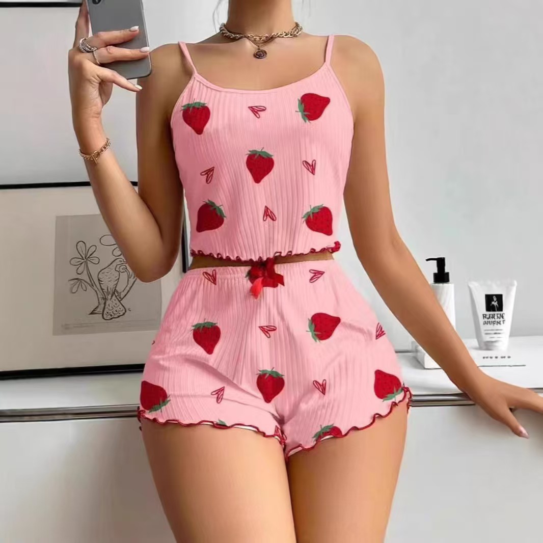 Strap Neckline Home Daily Women's Cute Heart Shape Strawberry Polyester Cotton Polyester Shorts Co-ord Set Pajama Sets