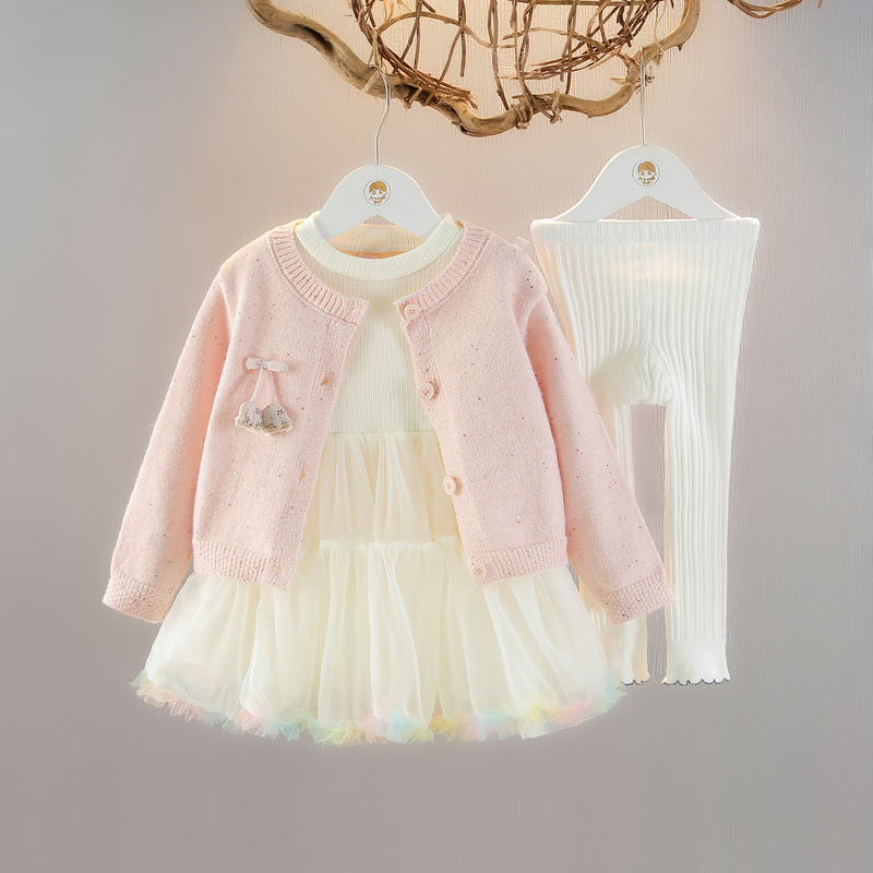Little Girl's Spring Outfit, Mid-Length Princess Dress Three-Piece Set, Girls' Spring and Autumn Suit, 2026 New Children's Sweater Cardigan