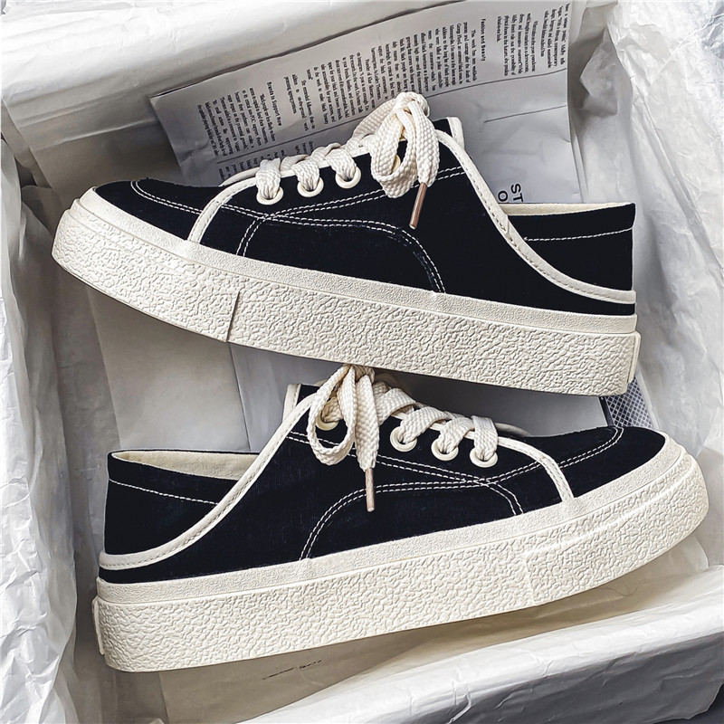 Canvas Shoes Men's Summer Breathable 2025 New Spring Half-Slip Trendy Shoes Youth Casual Versatile Black Sneakers