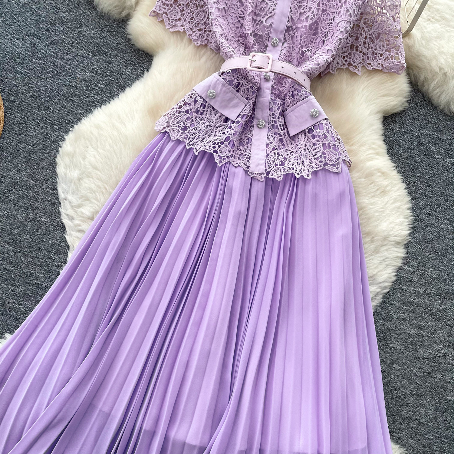Elegant A-Line Dress Lace Trim Slimming Pleated Long Skirt Casual Professional Summer Dress For Women_ecoleips.com