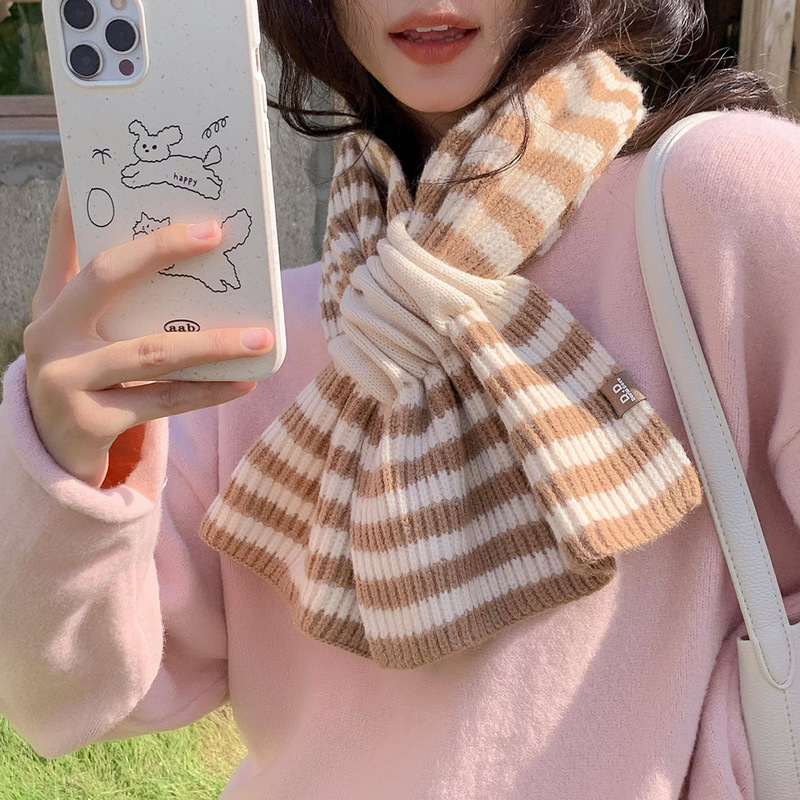 针织条纹交叉毛线围脖女秋冬季韩版百搭装饰加厚羊毛混纺保暖围巾|undefined