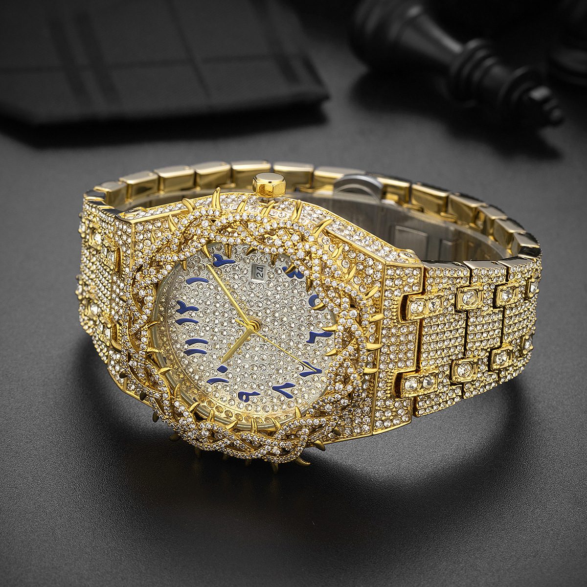 Quartz klocka solros diamant blå arabiska siffror stålband_voghion.com
