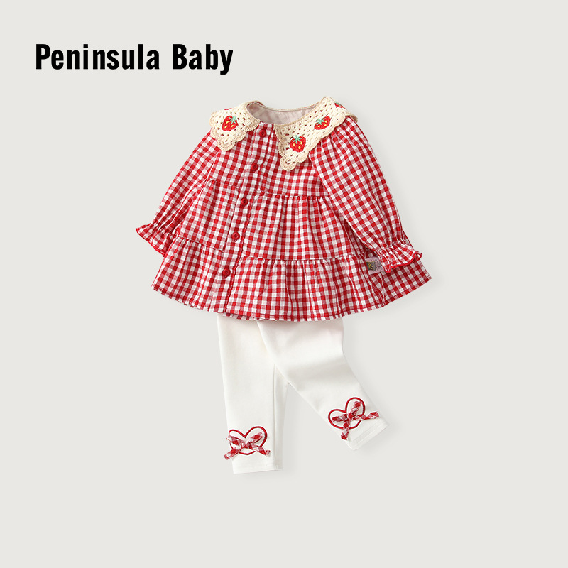 女童秋季新款长袖翻领草莓红格子两件套洋气韩版套装厂家服装批发