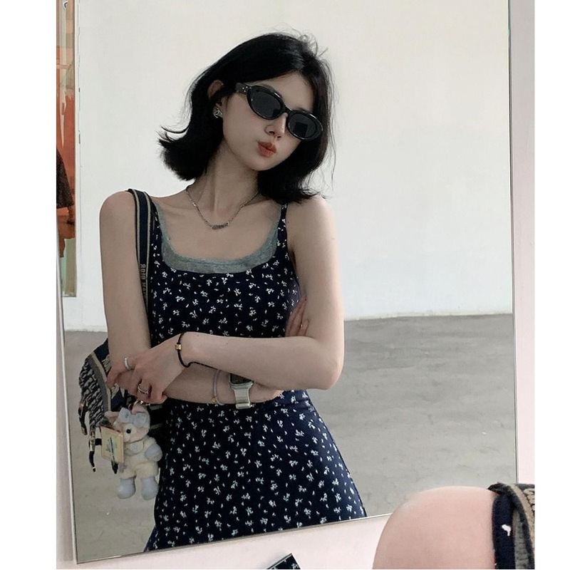 National Fashion Floral Fake Two-piece Sling dress Women's Summer New Mid-length Design All-match Hot Girl Style Long Dress