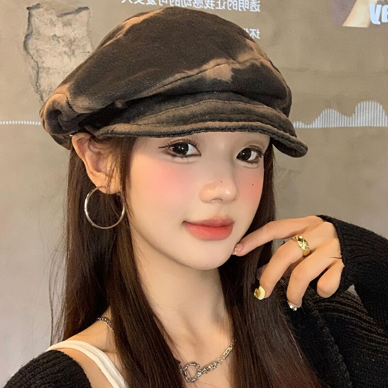 美式复古水洗做旧褶皱贝雷帽子女百搭显脸小八角帽文艺画家报童帽|undefined