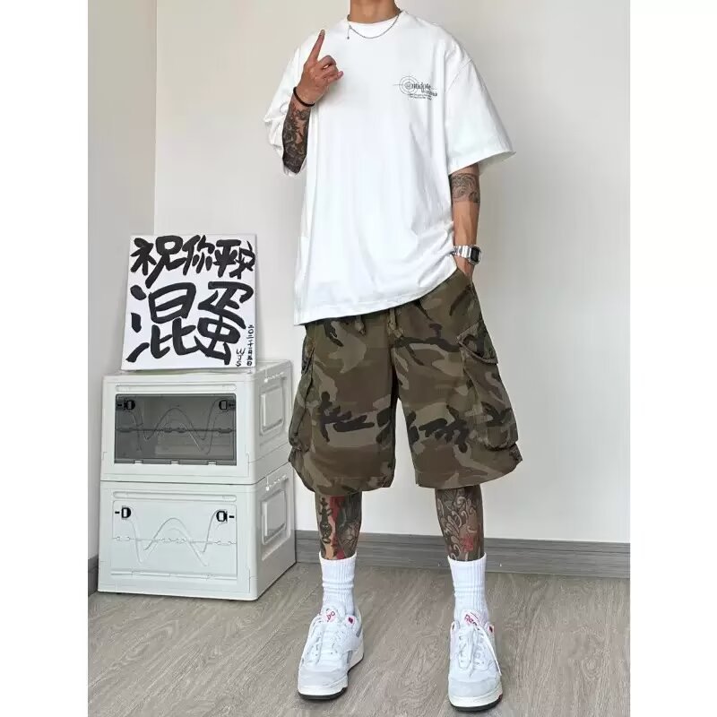 2025 Summer Men's Drawstring Cotton Camouflage Shorts Youth Fashion Workwear Multi-Pocket Washed Camouflage Shorts