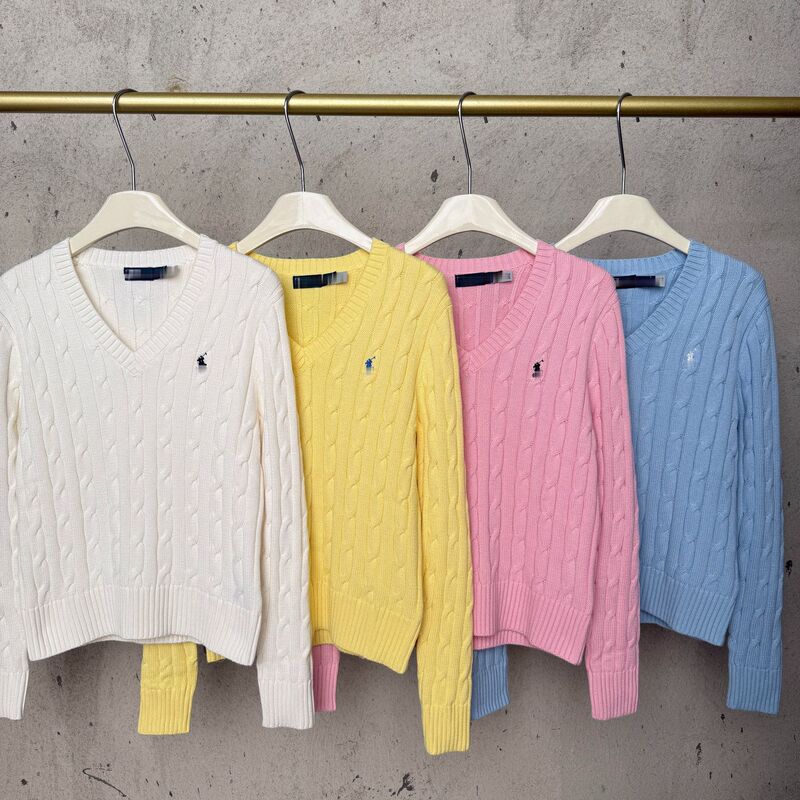 High-quality 26 early autumn RL classic women's sweater with pony embroidery, v-neck, long sleeves, cable knit, casual and versatile, 95% cotton