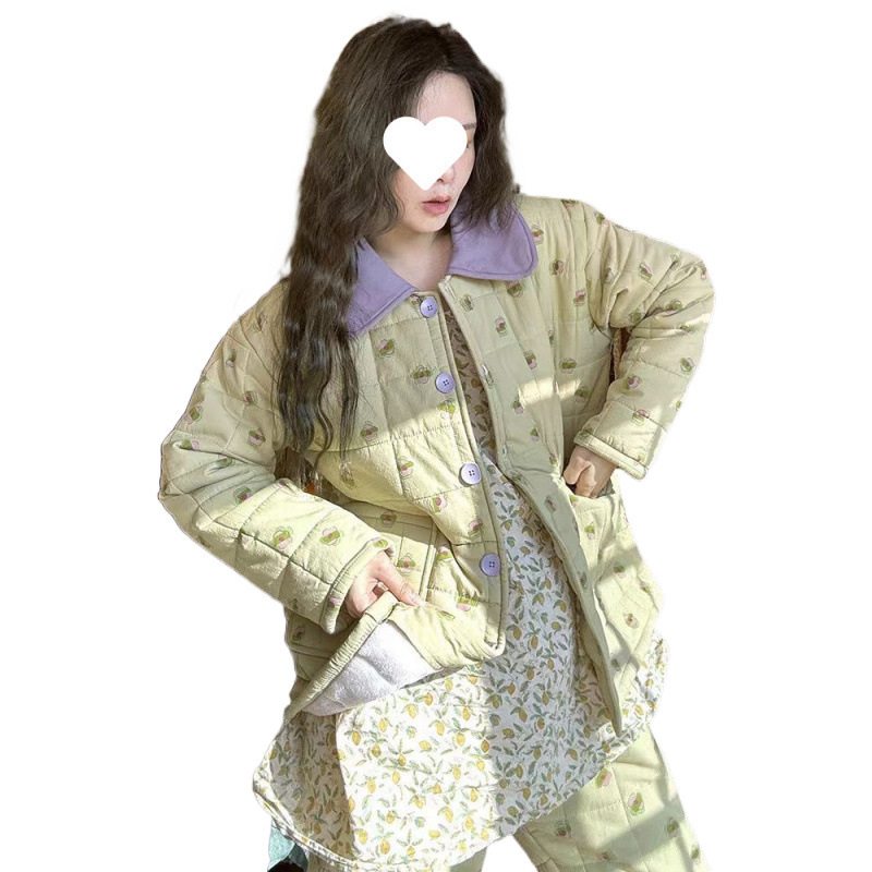신상품 가을 겨울 3겹 두꺼운 따뜻한 면 파자마 여성 산호 양털 꽃무늬 홈 의류 정장 겨울