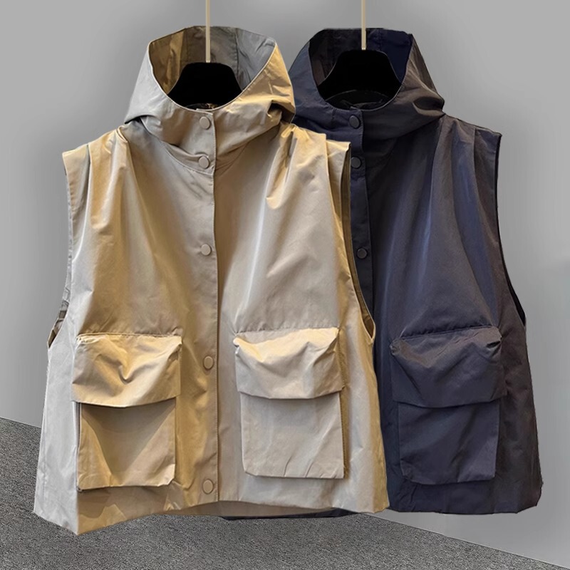 Solid Color Cardigan Hooded Outer Wearing Vest Jacket Spring and Autumn Fashion Workwear Three-dimensional Pocket Design Sense Jacket for Men and Women