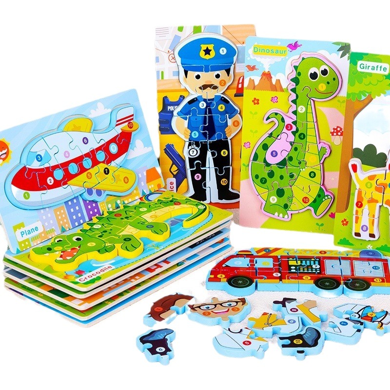 Madera 3D figura 3D tráfico animal educación temprana rompecabezas cognitivo juguete educativo niños ensamblando bloques de construcción de juguete
