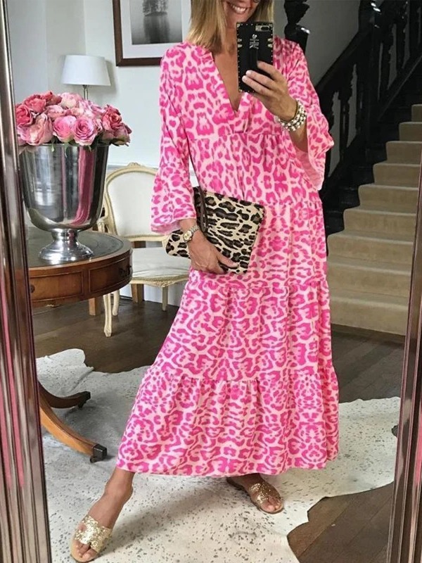 2024 jarní dámské šaty s dlouhým rukávem leopardí potisk pas ležérní volný výstřih do V podzimní elegantní kombinéza skupina