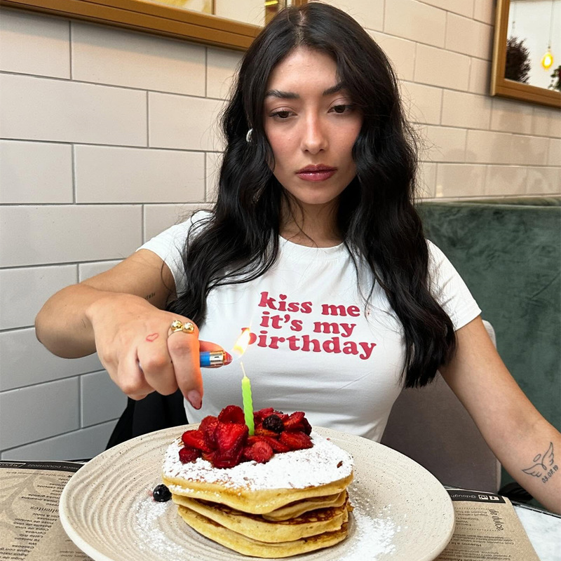 Kiss Me It's My Birthday Letter Printing Short Sleeve Slim Fit Short T-shirt Women's 2025 New