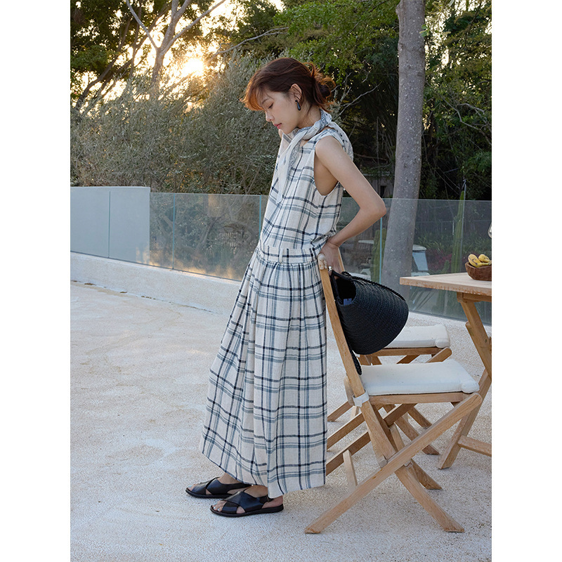 Vintage Plaid Double Pocket Round Neck Vest Dress with Scarf for Women 21016