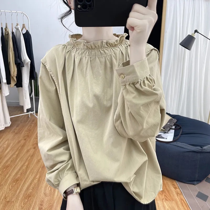 プルオーバー長袖ゆったりカバーTシャツ春夏フリル襟ランタンスリーブ綿麻長袖レディースおしゃれ年齢軽減トップス|undefined
