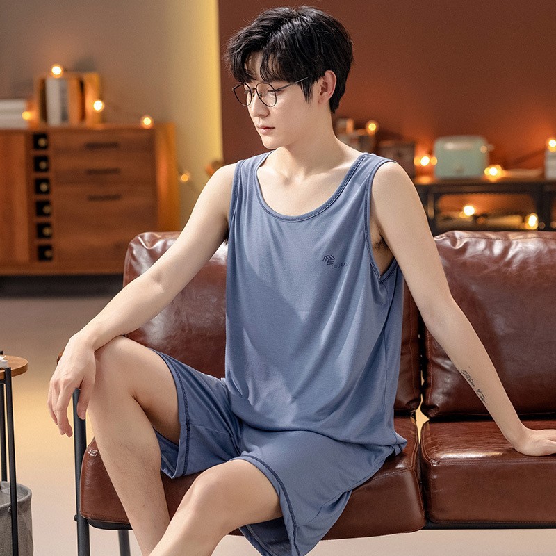잠옷 남자의 여름 순면 한국 스타일 민소매 조끼 반바지 만화 느슨한 플러스 사이즈 가정 옷 세트 겉옷
