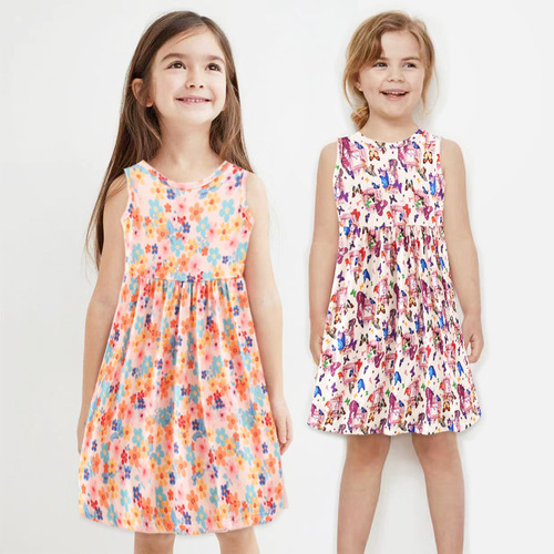 Cross-border new style milk silk printed children's dress sleeveless pastoral style girls floral vest dress