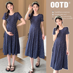 Maternity 2024 Summer New Fresh Style Floral Loose Pleated A- line Dress Large Size Pregnant Women Dress
