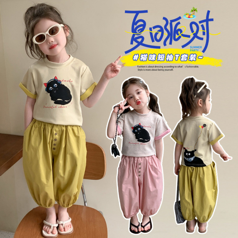 女の子韓国風半袖スーツ 2025 夏の新スタイル子供の漫画 Tシャツ女の子インターネット有名人ブルマ 2 点セット|undefined