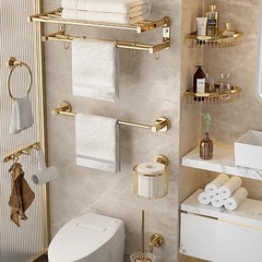 Luxury-Style Foldable Bath Towel Rack Set in Gold, All-Copper Shelf, Bathroom Hardware Shelf Set, Combination of Towel Rack and Storage Racks