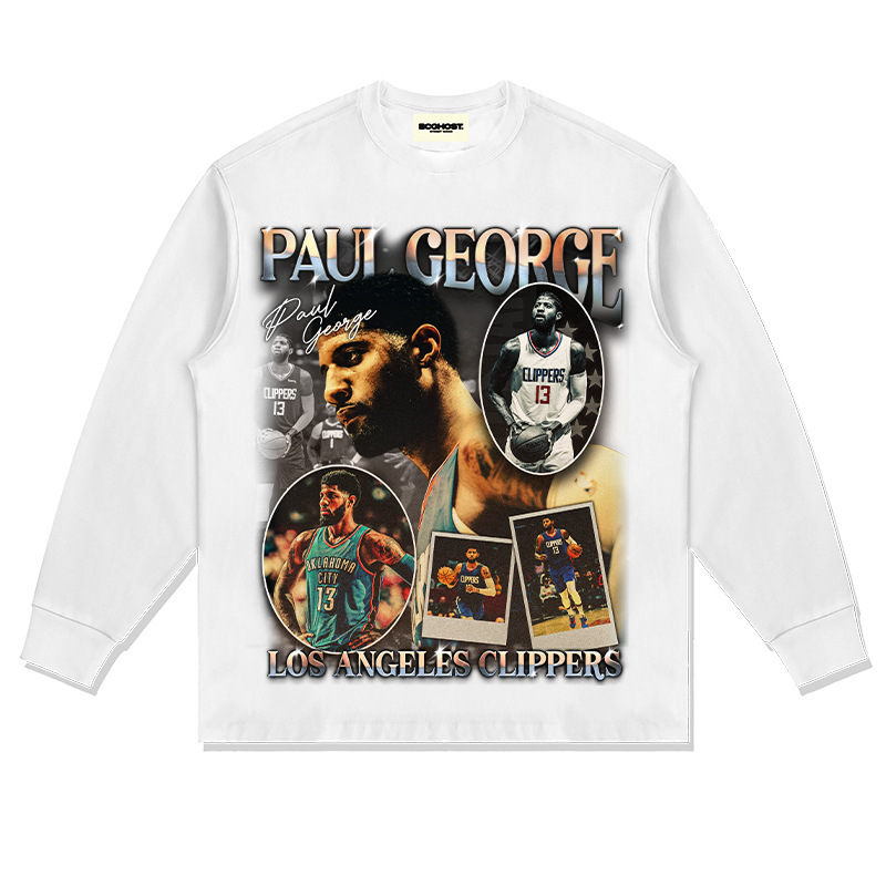 Paul George American Star camiseta hip-hop de la calle impresión retro hacer viejos lavado pesado cuello redondo mangas cortas