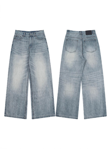 LKTM men's wear #washed blue and white gradient contrast A-line jeans men's fashion brand loose casual straight floor trousers