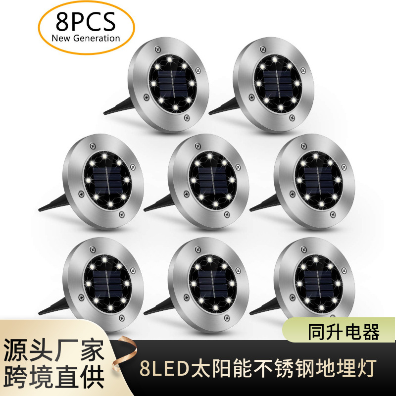 Luz solar enterrada de acero inoxidable con 8 LED, impermeable, para césped, jardín y exterior, estilo caliente