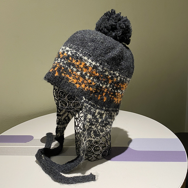 Xiaoxiangfeng Kontrastní barevná pletená čepice Dámská podzimní a zimní pruhovaná vlněná čepice 2024 s velkým obvodem hlavy, všestranná_voghion.com