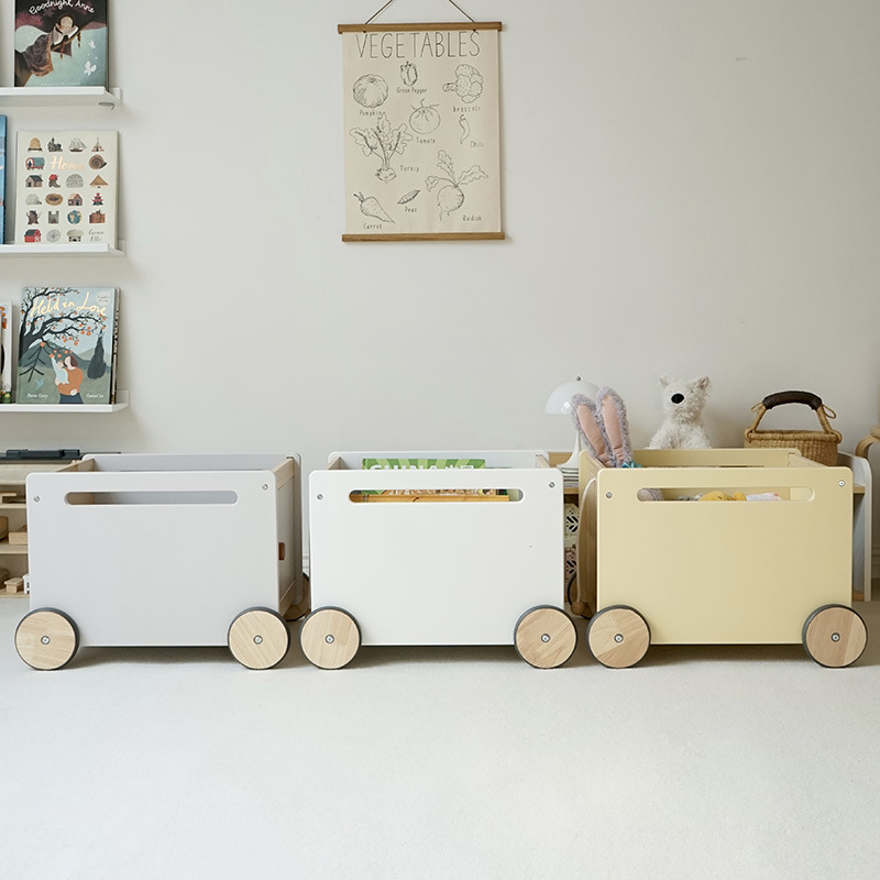 Jardín de infantes de niños de madera carro de juguetes caja de almacenamiento de libros móviles estante de almacenamiento mayorista