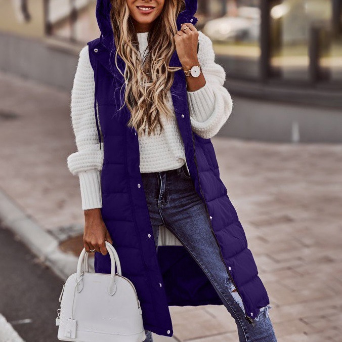Europa y América nueva moda casual Chaqueta de algodón acolchado de color sólido con capucha chaleco Delgado elegante cardigan sin mangas abrigo de longitud media para las mujeres image 7