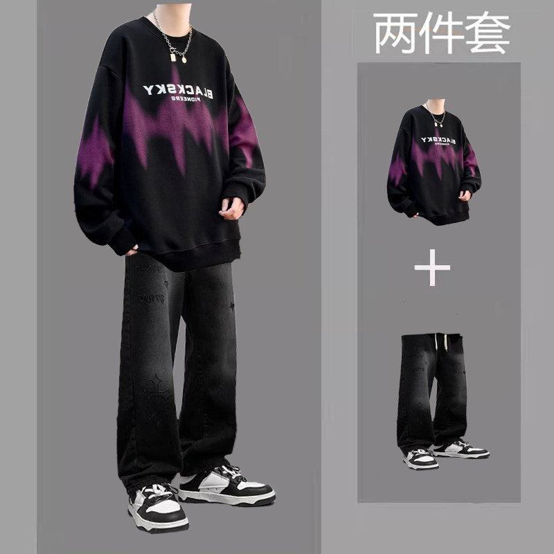 American-style trendy sweatshirt set for men, autumn collection, complete outfit for teenagers, paired with jeans, men's two-piece student set American-style trendy sweatshirt set for men, autumn collection, complete outfit for teenagers, paired with jeans, men's two-piece student set