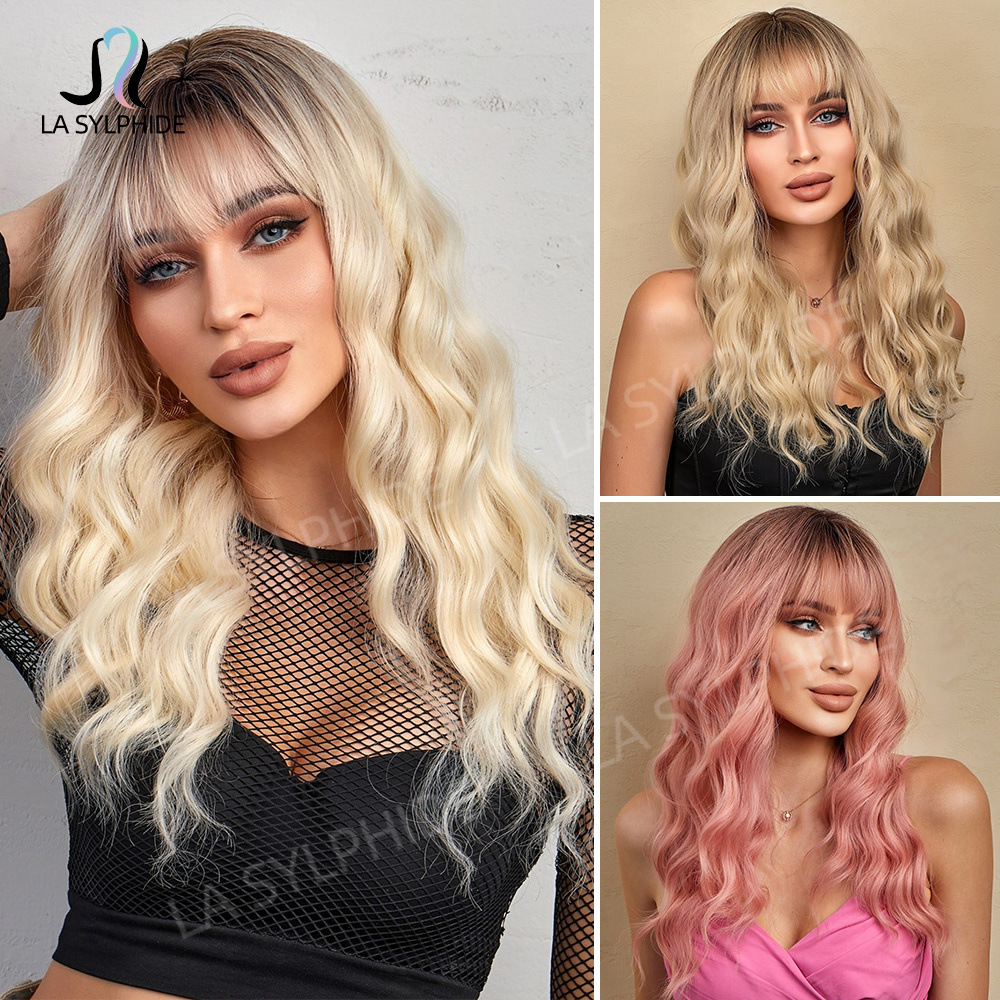 Peluca de comercio exterior nueva mujer de longitud media pelo rizado flequillo moda todo partido mecanismo de alta temperatura seda rosa neto ajuste cómodo