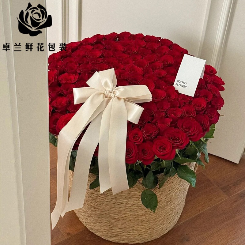 卓兰七夕新品仿塑藤编复古风花篮大尺寸99朵玫瑰插花篮花艺材料|undefined