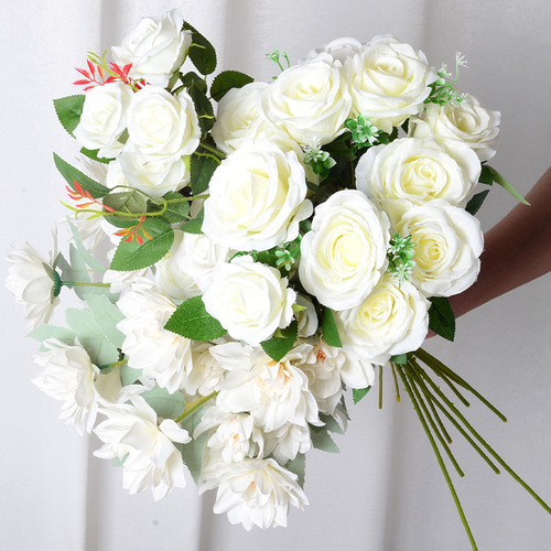 White artificial flowers, home wedding, wedding hall ceiling decoration, rose hydrangea, fake flowers, manufacturer wholesale