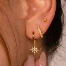 欧美跨境热销 小众设计轻奢风镶锆石八芒星花卉款高级感耳饰套装