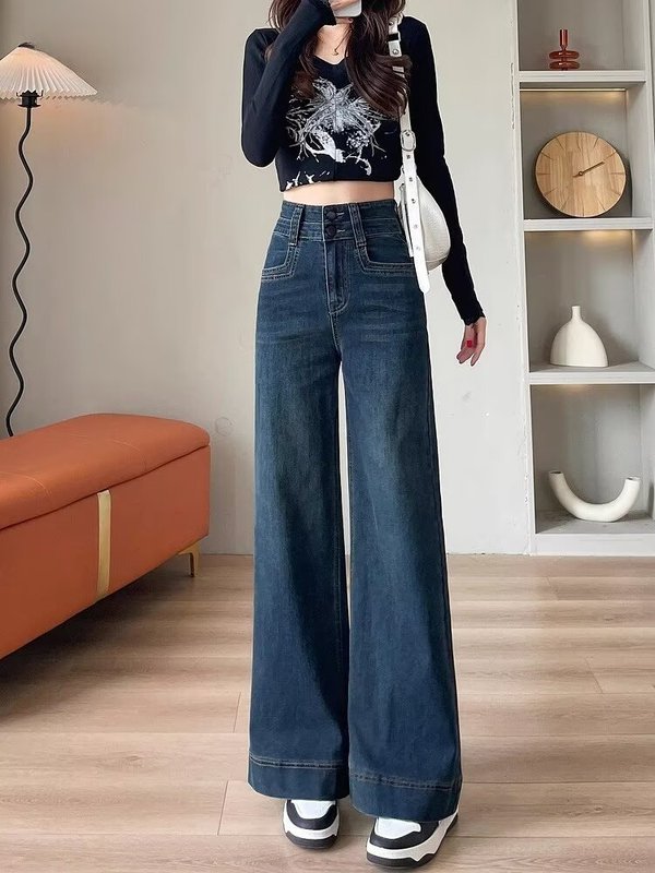 复古窄版阔腿牛仔裤女2025春秋新款小个子高腰设计感宽松直筒长裤|undefined