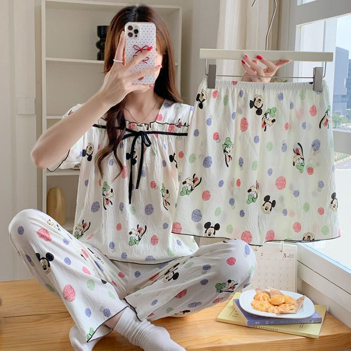 Hellokitty verano nuevo estilo doble pantalones cortos pijamas de tres piezas nube mujer algodón transpirable cuello cuadrado dulce y fresco