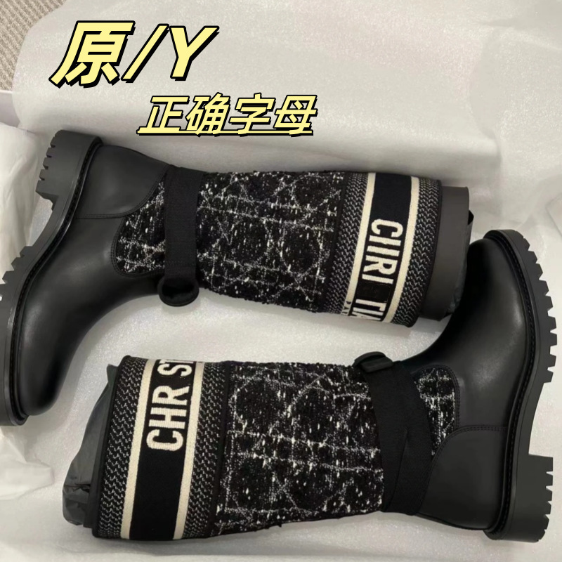 D家刺绣字母骑士靴女真皮中筒靴厚底不过膝马丁靴Y标腿套绑带女靴