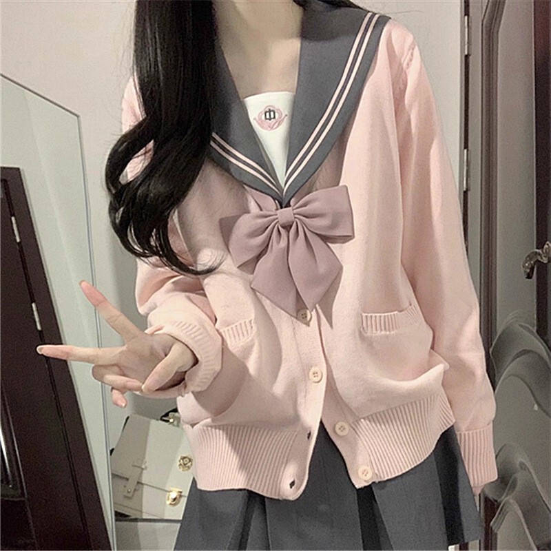 Japanese Style Preppy Style Sweet Sweater Women's Outwear 2025 Early Autumn New Loose V Neck Pure Color Flap Pocket Pants Knitted Cardigan