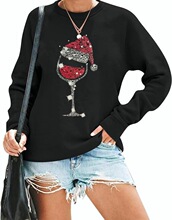 W 79755 Christmas Hat Wine Glass Print Sweatshirt �}�Qñ�l��