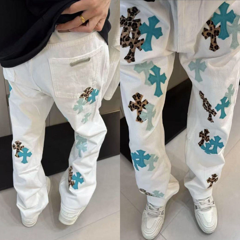 Crochet Leather White Straight-Leg Cross Loose Jeans Trendy American High Street Unisex Washed Pants