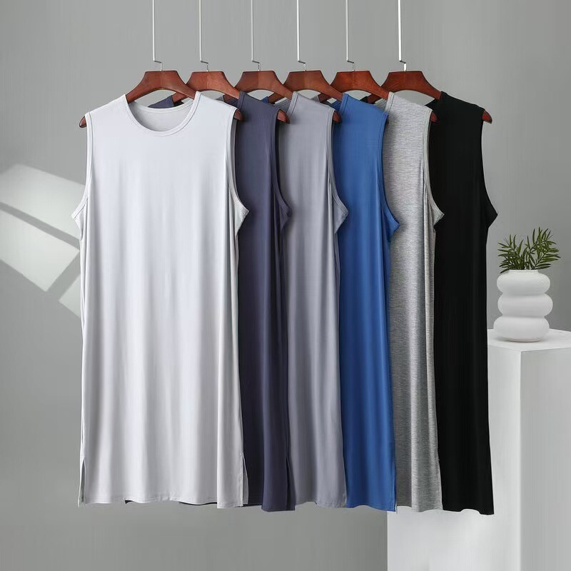 Modal Pajama Dress Men's Summer Thin Nightgown Dress Middle-Aged Vest Nightgown Large Size Loose Home Clothes