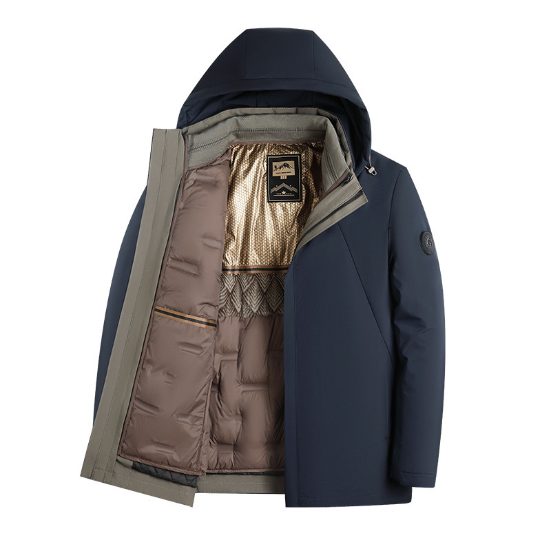 90 Goose down Removable Liner Cold-Resistant Winter Outwear for Middle-Aged and Elderly People New Men's Mid-Length Stand-Up Collar Hooded down Jacket