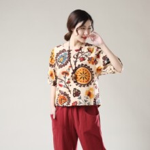 2019夏季新款女亚麻棉麻印花泰国云南旅游度假灯笼袖中袖小衫T恤