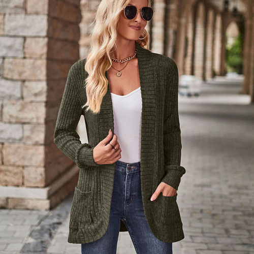 Long-sleeved cardigan coat—Amazon 2025 spring/autumn new solid-color ribbed brushed-mesh spliced long-sleeved coat wholesale