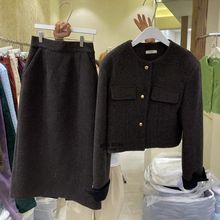 反季东大门秋冬季韩版宽松短款毛呢西装外套半身裙名媛套装女